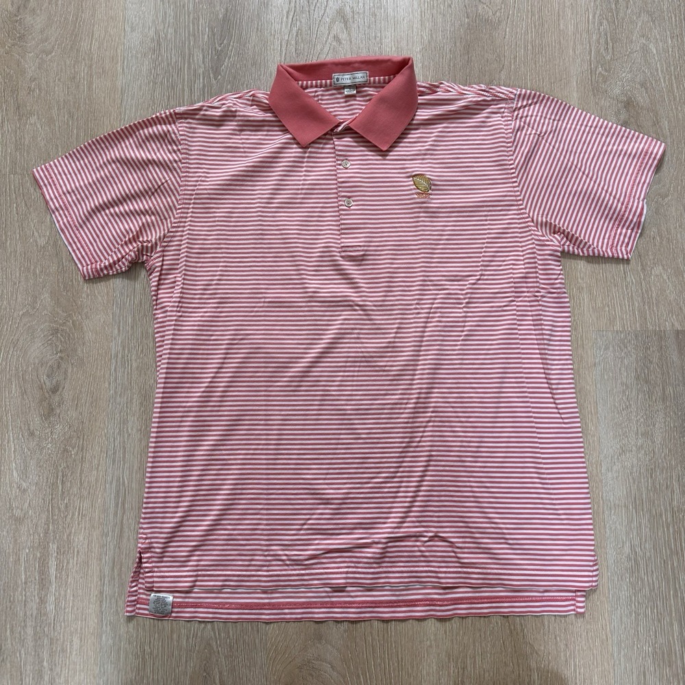 Peter Millar Polo Mens Large Red Striped Short Sleeve Collared Shirt Golf Casual